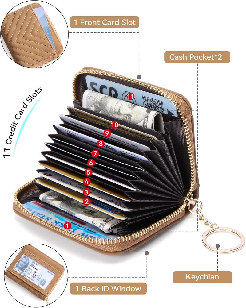 Bostanten Credit Card Holder Wallet RFID Blocking Leather Small Wallet for Women Zipper Keychain Wallet with Wristlet Suede Brown - Image 2